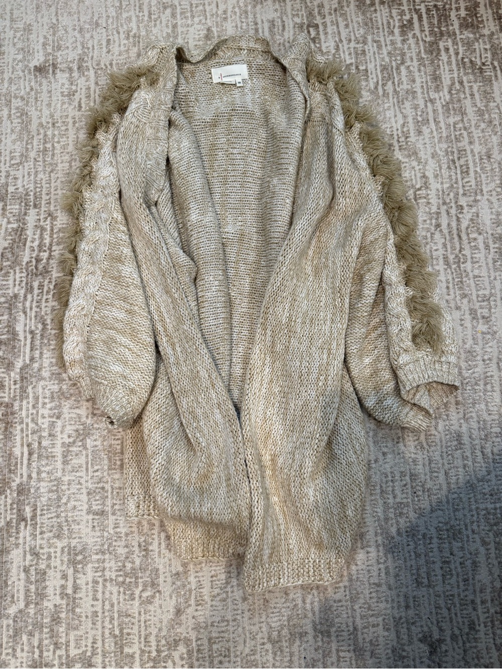 Anthropologie Cream Fringe Open-Front Knit Cardigan